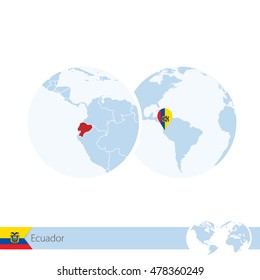 Ecuador on world globe with flag and regional map of Ecuador. Vector Illustration.