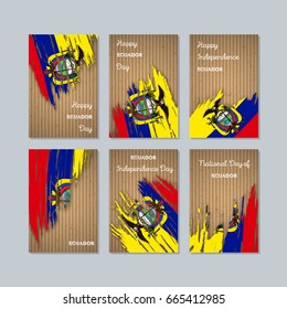 Ecuador Patriotic Cards for National Day. Expressive Brush Stroke in National Flag Colors on kraft paper background. Ecuador Patriotic Vector Greeting Card.