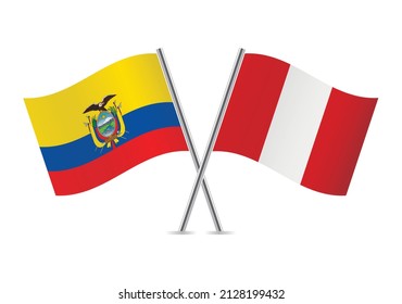 Ecuador and Peru crossed flags. Ecuadoran and Peruvian flags, isolated on white background. Vector icon set. Vector illustration.