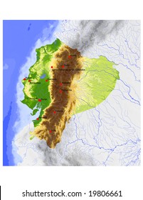 Ecuador. Physical vector map, colored according to elevation, with rivers, ocean depths and selected cities. Surrounding territory greyed out. 64 layers, fully editable. Data source: NASA