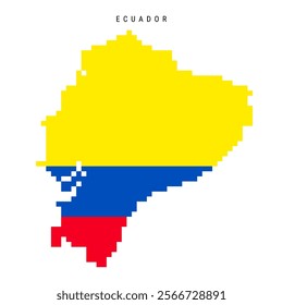 Ecuador pixel flag map icon. 8 bit pixel art Ecuadorian map covered with flag. Flat vector illustration isolated on white background.