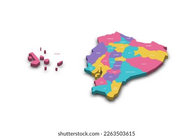 Ecuador political map of administrative divisions - provinces. Colorful 3D vector map with dropped shadow and country name labels.