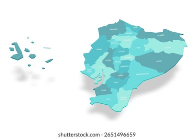 Equador mapa político das divisões administrativas - províncias. Mapa de vetor turquesa 3D com rótulos de nome.