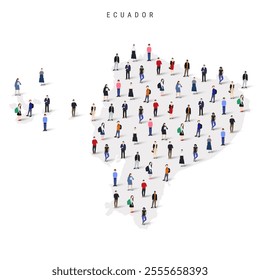 Ecuador population map. Large group of realistic a diverse crowd of people figures in a shape of Ecuadorian map. Flat vector illustration isolated on white.