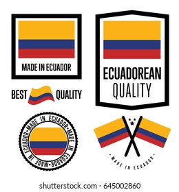 Ecuador quality isolated label set for goods. Exporting stamp with ecuadorean flag, nation manufacturer certificate element, country product vector emblem. Made in Ecuador badge collection.