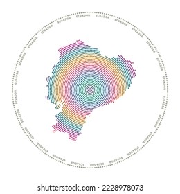 Logo de la ronda de Ecuador. Forma de estilo digital de Ecuador en círculo punteado con nombre de país. Icono tecnológico del país con puntos degradados. Auténtica ilustración vectorial.