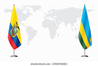 Ecuador and Rwanda flags for official meeting against background of world map.