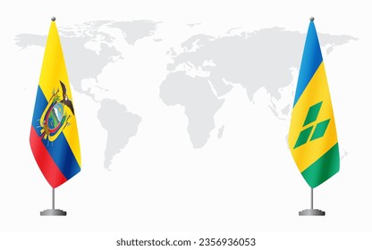Ecuador y San Vicente y las Granadinas banderas para una reunión oficial en el fondo del mapa mundial.