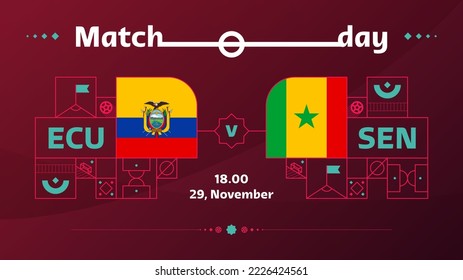 ecuador, partido senegal Football 2022. Partido del Campeonato Mundial de Fútbol 2022 frente a equipos con antecedentes deportivos, afiche de la competencia del campeonato, ilustración del vector.