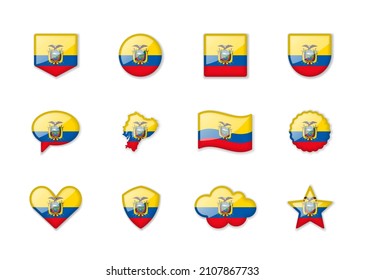 Ecuador - set of shiny flags of different shapes. Vector illustration