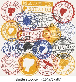 Juego de sellos de Ecuador. Sellos de pasaporte de viaje. Fabricado En Producto. Sellos de diseño en la antigua insignia. Colección vectora de imágenes prediseñadas de iconos.