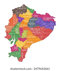 Ecuador shape. Country word cloud with region division. Ecuador colored illustration. Region names cloud. Vector illustration.