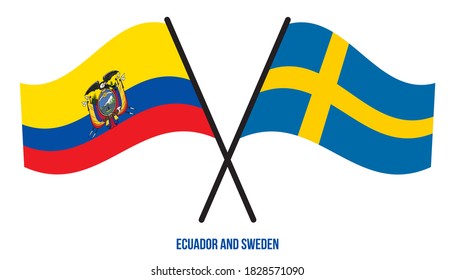 Ecuador and Sweden Flags Crossed And Waving Flat Style. Official Proportion. Correct Colors.