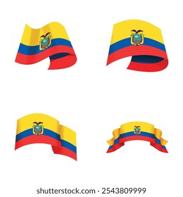 Ícones de símbolo do Equador definem vetor de desenhos animados. Bandeira oficial do Equador. País da América do Sul