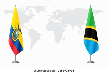 Ecuador and Tanzania flags for official meeting against background of world map.