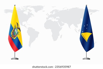 Ecuador and Tokelau flags for official meeting against background of world map.