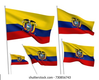 Ecuador vector flags set. 5 wavy 3D cloth pennants fluttering on the wind. EPS 8 created using gradient meshes isolated on white background. Five fabric design elements from world collection