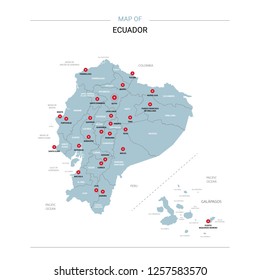 Ecuador vector map. Editable template with regions, cities, red pins and blue surface on white background. 