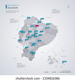 Ecuador vector map with infographic elements, pointer marks. Editable template with regions, cities and capital Quito. 