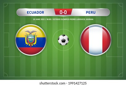 Modelo de emisión de marcador entre Ecuador y Perú para el torneo de fútbol sudamericano 2021 y el campeonato de fútbol ilustración vectorial