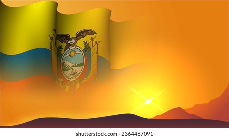 diseño de fondo del concepto de bandera ondulada ecuador con vista puesta de sol sobre la ilustración del vector de la colina adecuada para el diseño de fondo de afiches sobre vacaciones, día de fiesta y día de independencia en ecuador