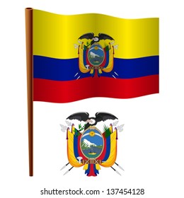 ecuador wavy flag and coat of arms against white background, vector art illustration, image contains transparency