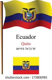 ecuador wavy flag and coordinates against white background, vector art illustration, image contains transparency