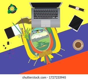 Ecuador work from home top view. Stay at home with self quarantine to help stop outbreak and protect Covid-19 spread.