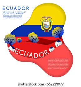 Ecuador : World Flag in paper cut shapes with trees and mountains in the layers : Vector Illustration