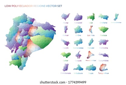 Ecuadorean low poly regions. Polygonal map of Ecuador with regions. Geometric maps for your design. Beautiful vector illustration.