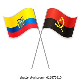Ecuadorian and Angolan crossed flags. Ecuador combined with Angola isolated on white. Language learning, international business or travel concept.