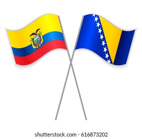 Ecuadorian and Bosnian crossed flags. Ecuador combined with Bosnia and Herzegovina isolated on white. Language learning, international business or travel concept.