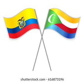 Ecuadorian and Comoran crossed flags. Ecuador combined with Comoros isolated on white. Language learning, international business or travel concept.