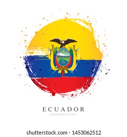 Ecuadorian flag in the form of a large circle. Vector illustration on white background. Brush strokes drawn by hand. Ecuador Independence Day.