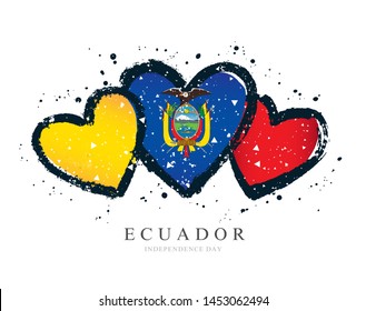 Ecuadorian flag in the form of three hearts. Vector illustration on white background. Brush strokes drawn by hand. Ecuador Independence Day.