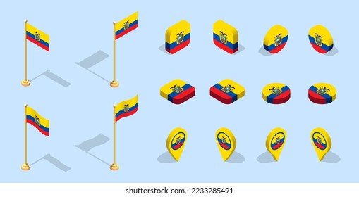 Ecuadorian flag (Republic of Ecuador). 3D isometric flag set icon. Editable vector for banner, poster, presentation, infographic, website, apps, maps, and other uses.