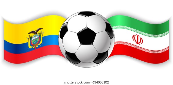 Ecuadorian and Iranian wavy flags with football ball. Ecuador combined with Iran isolated on white. Football match or international sport competition concept.