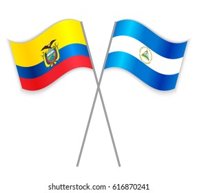 Ecuadorian and Nicaraguan crossed flags. Ecuador combined with Nicaragua isolated on white. Language learning, international business or travel concept.
