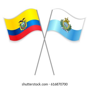 Ecuadorian and Sammarinese crossed flags. Ecuador combined with San Marino isolated on white. Language learning, international business or travel concept.