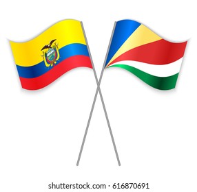 Ecuadorian and Seychellois crossed flags. Ecuador combined with Seychelles isolated on white. Language learning, international business or travel concept.