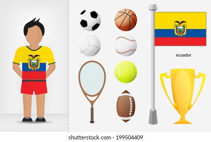 Ecuadorian sportsman with sport equipment collection vector illustrations