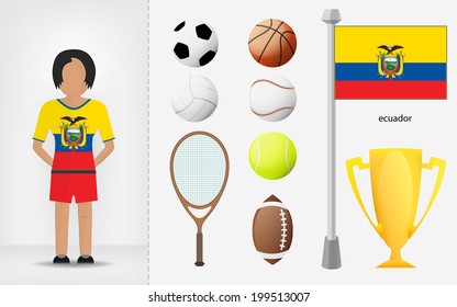 Ecuadorian sportswoman with sport equipment collection vector illustrations