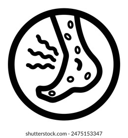 Eczema or bed bug bites on foot icon illustration with black outline isolated on square white background. Simple flat health care rash and allergy treatment themed cartoon styled drawing.