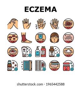 Eczema Disease Treat Collection Icons Set Vector. Nummular And Neurodermatitis Eczema Treatment, Dry Skin And Pain, Contact And Atopic Dermatitis. Concept Linear Pictograms. Contour Illustrations