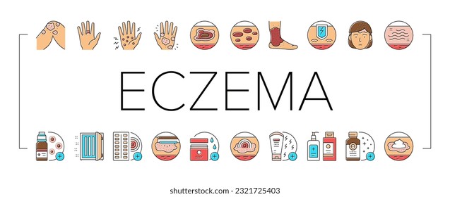 Eczema Disease Treat Collection Icons Set Vector. Nummular And Neurodermatitis Eczema Treatment, Dry Skin And Pain, Contact And Atopic Dermatitis. Concept Linear Pictograms. Contour Illustrations