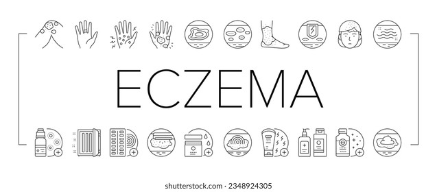 Eczema Disease Treat Collection Icons Set Vector. Nummular And Neurodermatitis Eczema Treatment, Dry Skin And Pain, Contact And Atopic Dermatitis. Black Contour Illustrations