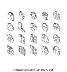 Eczema Disease Treat Collection isometric icons set. Nummular And Neurodermatitis Eczema Treatment, Dry Skin And Pain, Contact And Atopic Dermatitis. Concept Linear Pictograms. Contour .