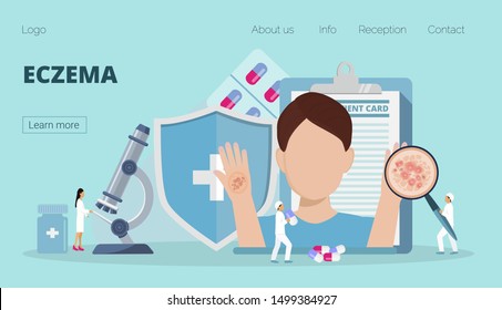Eczema landing page vector. Tiny doctors treat man, research, look in microscope. Disease of the skin and dermatological problems. National eczema week or month or day.