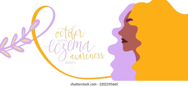 Eczema National Awareness Month October handwritten lettering and purple and orange support ribbon. Web banner vector template art