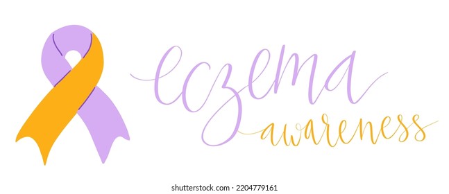 Eczema National Awareness Month October handwritten lettering and purple and orange support ribbon. Web banner vector template art